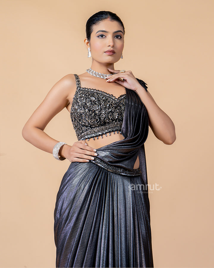 Charcoal Black Ready-to-Wear Saree with Embroidered Blouse