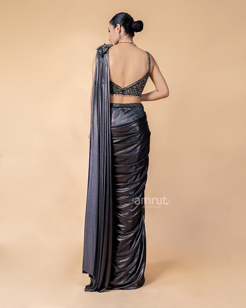 Charcoal Black Ready-to-Wear Saree with Embroidered Blouse