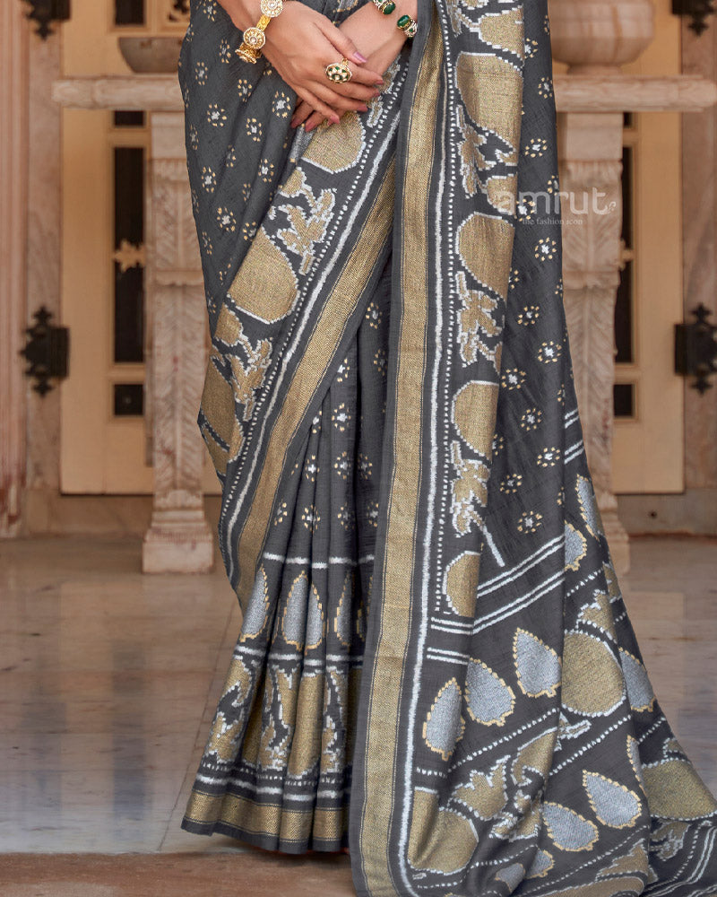 Charcoal Grey Foil Printed Zari Woven Silk Saree With Unstitched Blouse