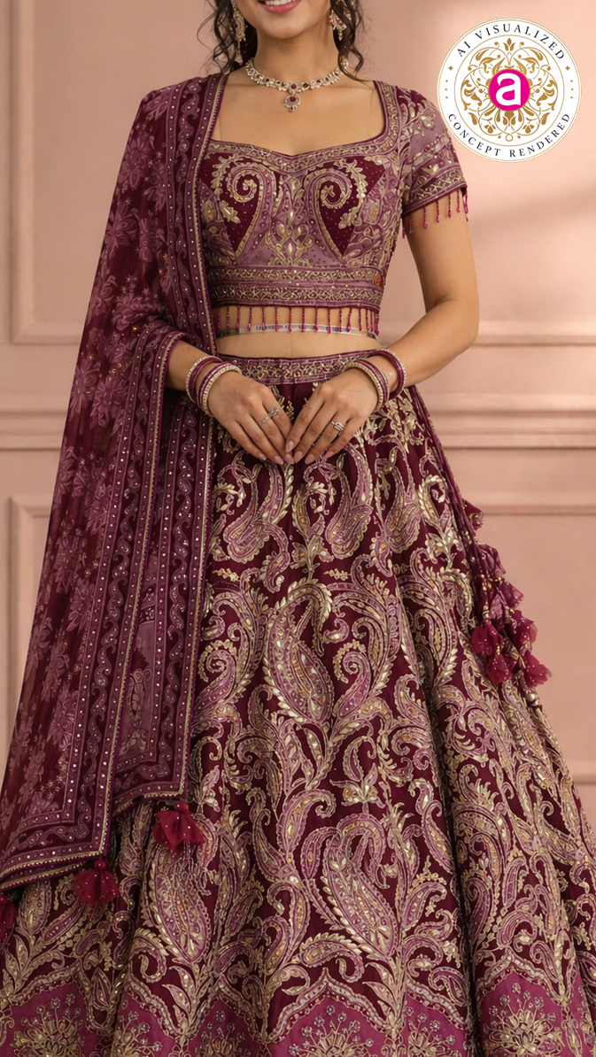 Wine Maroon Designer Lehenga Set with Embroidered Blouse and Dupatta