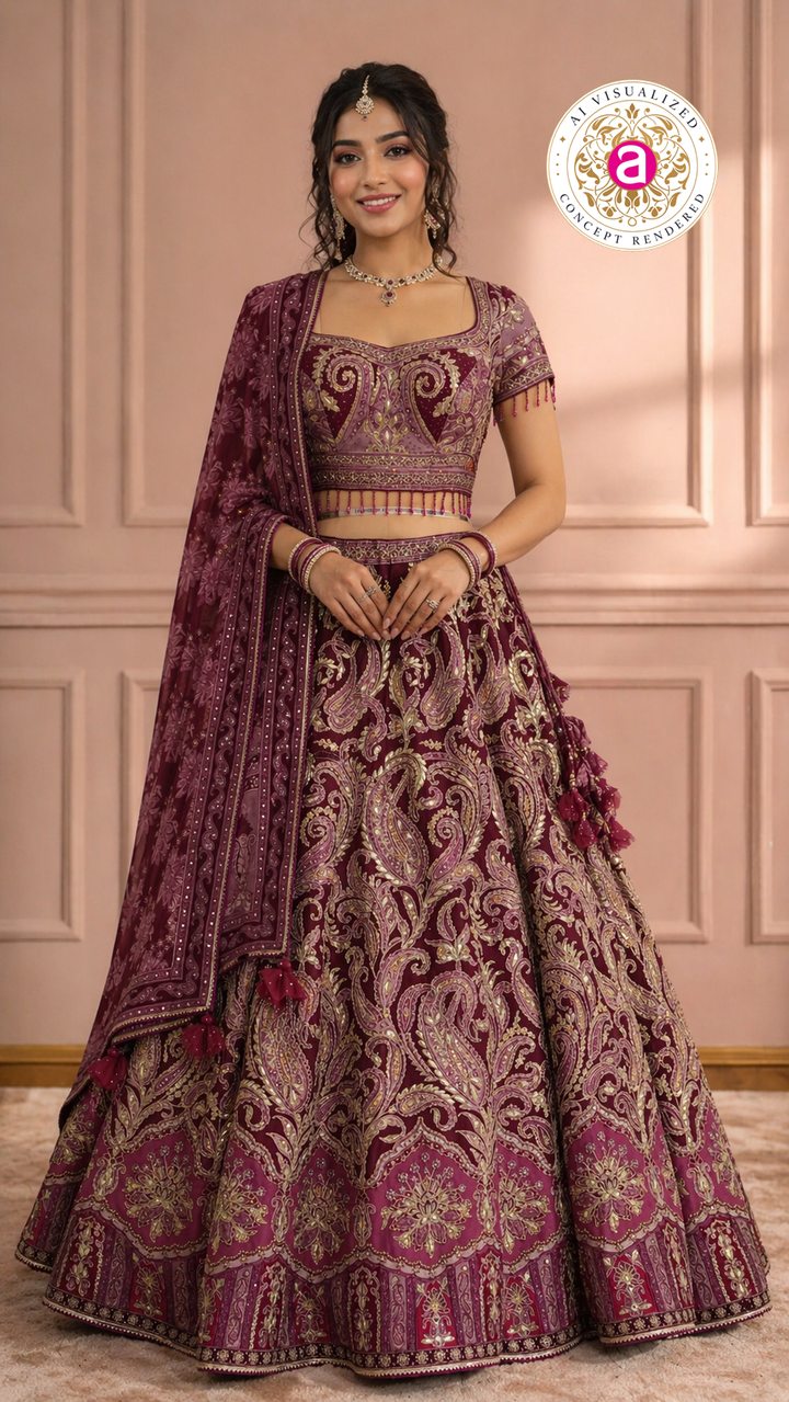 Wine Maroon Designer Lehenga Set with Embroidered Blouse and Dupatta