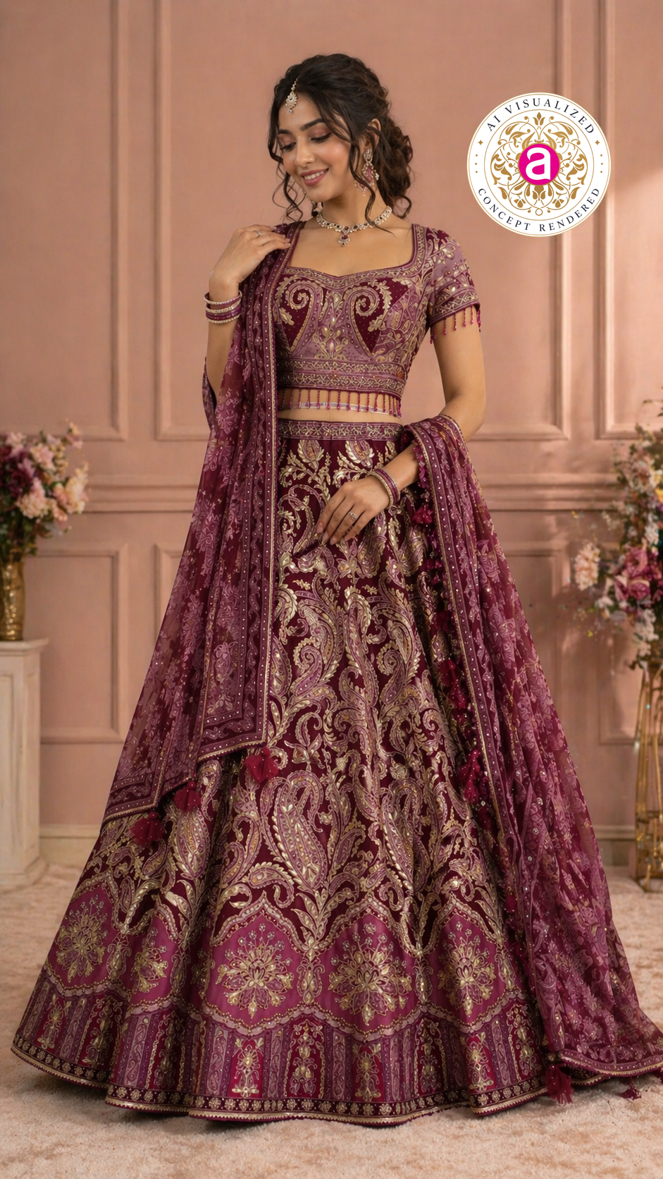 Wine Maroon Designer Lehenga Set with Embroidered Blouse and Dupatta
