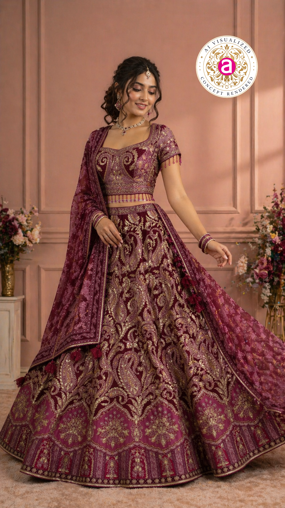 Wine Maroon Designer Lehenga Set with Embroidered Blouse and Dupatta