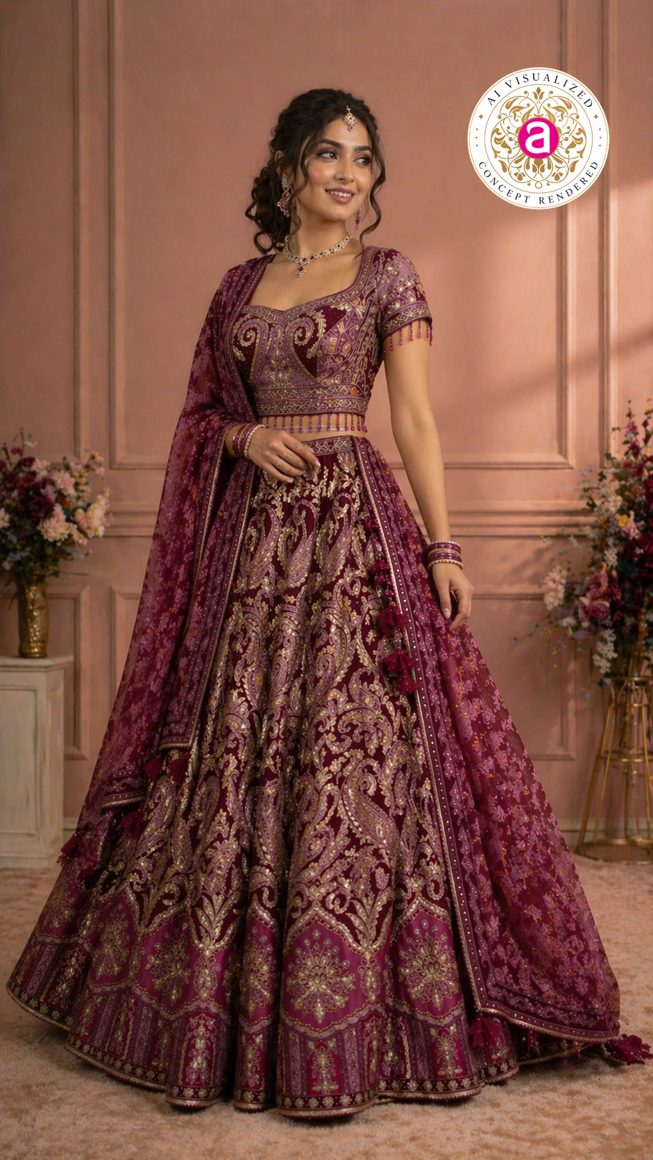 Wine Maroon Designer Lehenga Set with Embroidered Blouse and Dupatta