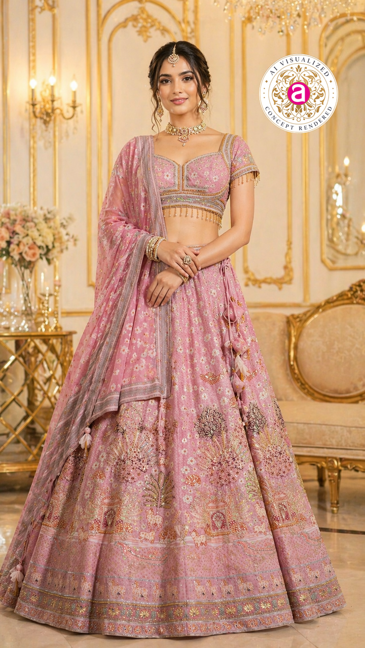 Blush Pink Designer Lehenga Set with Embellished Blouse and Dupatta