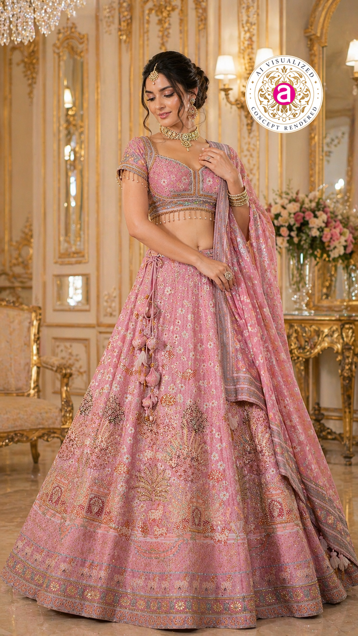 Blush Pink Designer Lehenga Set with Embellished Blouse and Dupatta