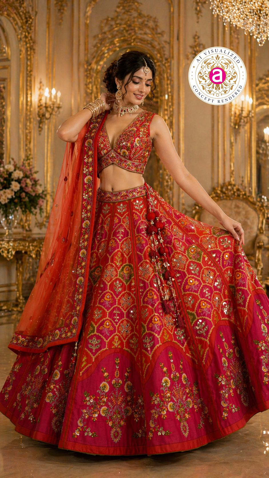 Red & Rani Pink Designer Lehenga Set with Embroidered Blouse and Net Dupatta