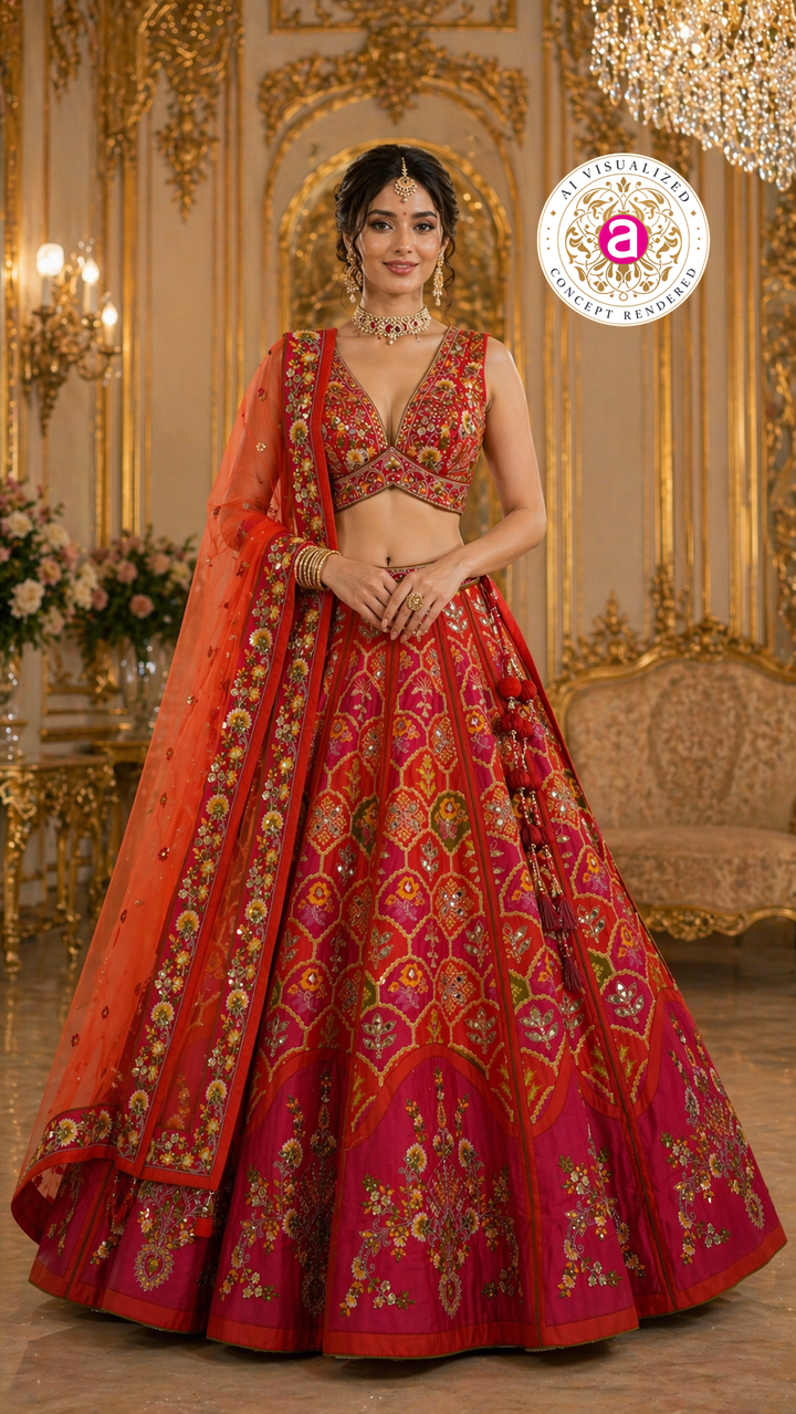 Red & Rani Pink Designer Lehenga Set with Embroidered Blouse and Net Dupatta