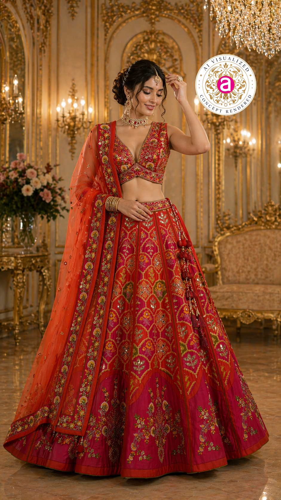 Red & Rani Pink Designer Lehenga Set with Embroidered Blouse and Net Dupatta