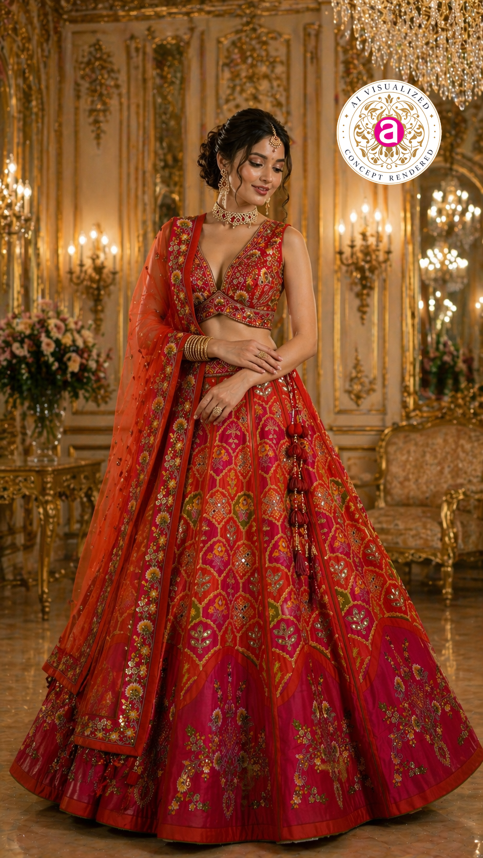 Red & Rani Pink Designer Lehenga Set with Embroidered Blouse and Net Dupatta