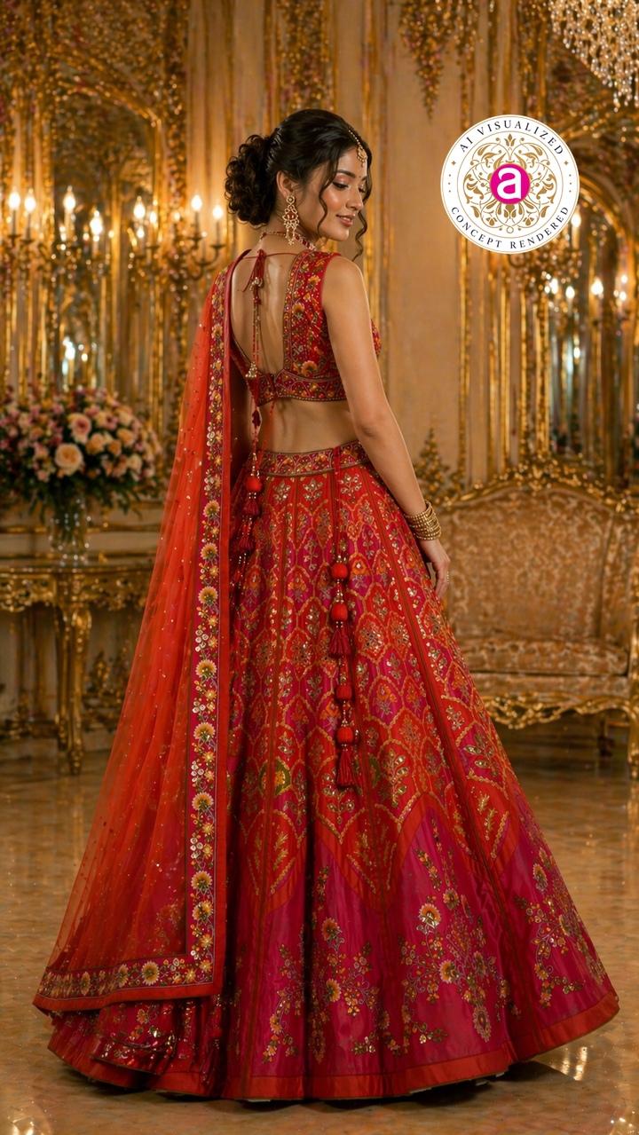 Red & Rani Pink Designer Lehenga Set with Embroidered Blouse and Net Dupatta