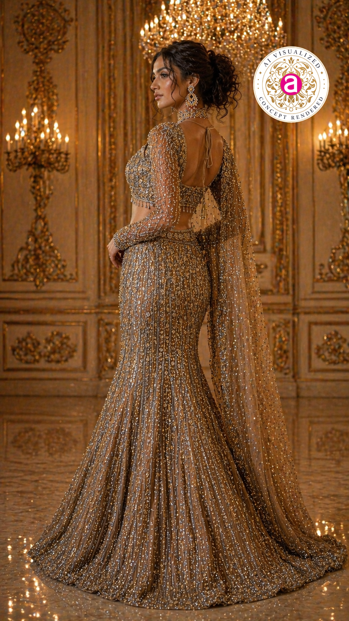 Antique Gold Mermaid Lehenga Set with Crystal Embellished Blouse and Net Dupatta