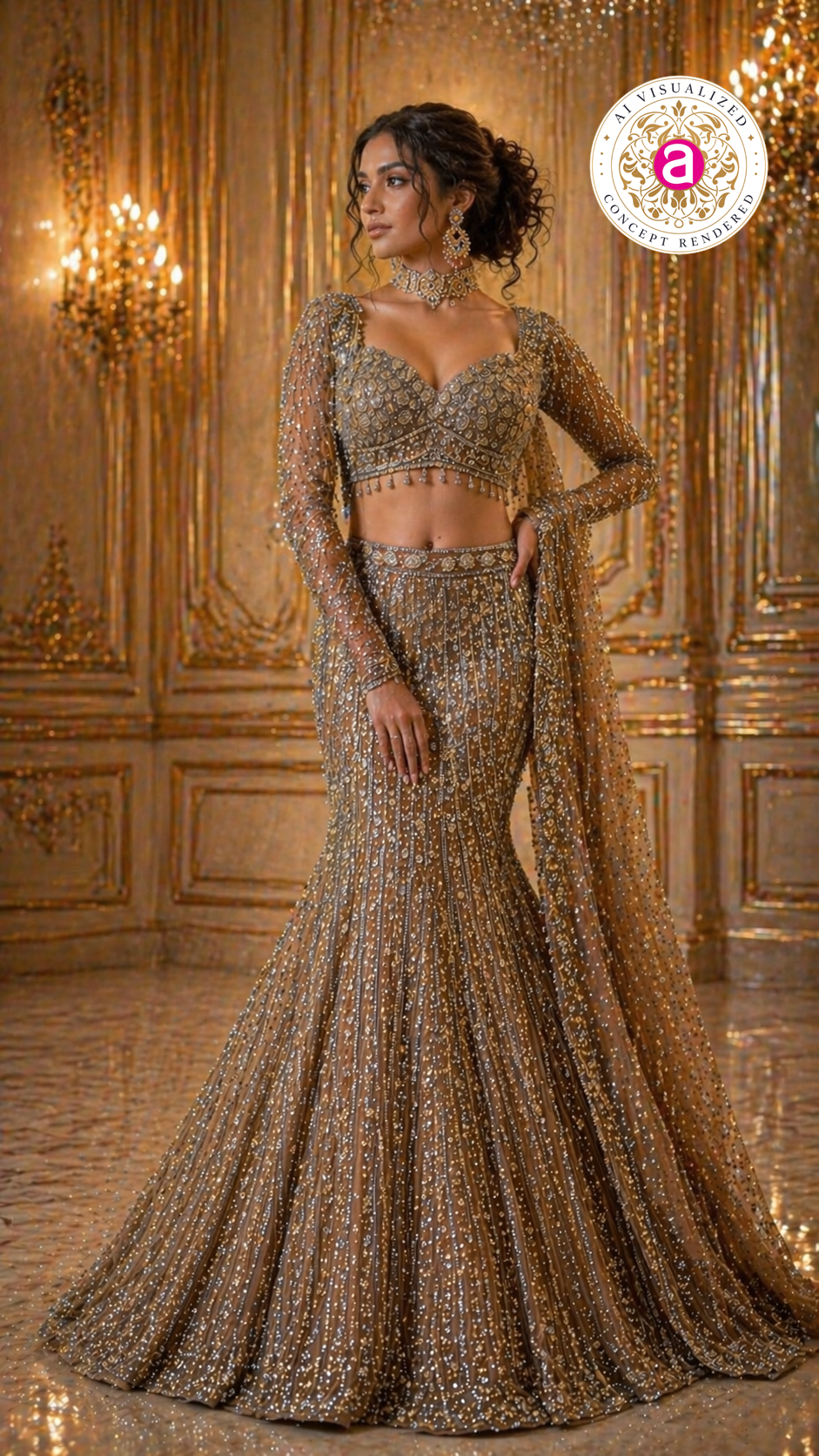 Antique Gold Mermaid Lehenga Set with Crystal Embellished Blouse and Net Dupatta