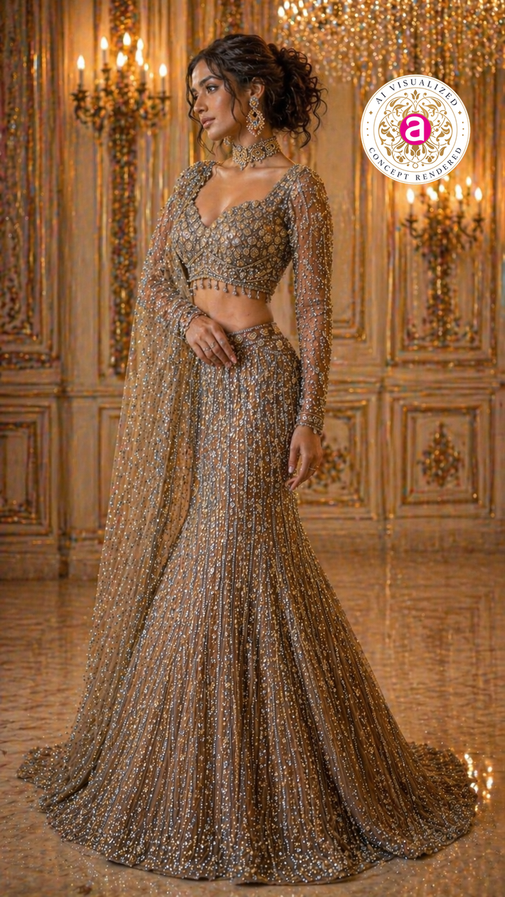 Antique Gold Mermaid Lehenga Set with Crystal Embellished Blouse and Net Dupatta