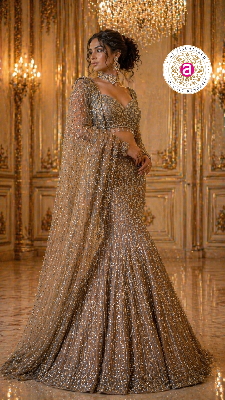 Antique Gold Mermaid Lehenga Set with Crystal Embellished Blouse and Net Dupatta