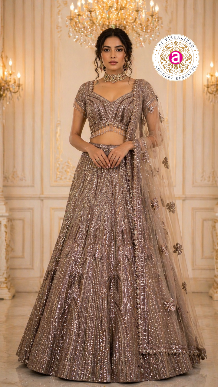 Mocha Brown Designer Lehenga Set with Sequins Embellished Blouse and Net Dupatta