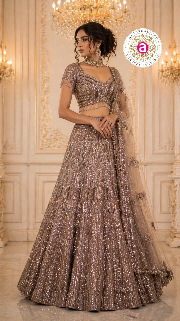 Mocha Brown Designer Lehenga Set with Sequins Embellished Blouse and Net Dupatta