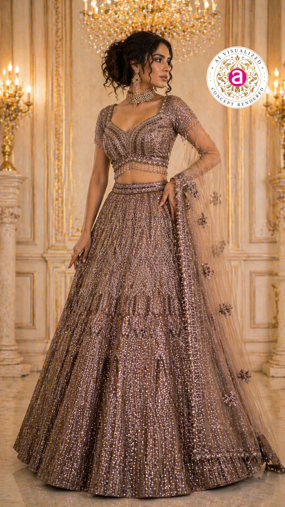 Mocha Brown Designer Lehenga Set with Sequins Embellished Blouse and Net Dupatta