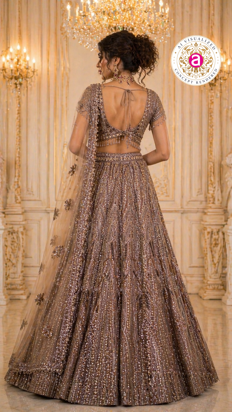 Mocha Brown Designer Lehenga Set with Sequins Embellished Blouse and Net Dupatta