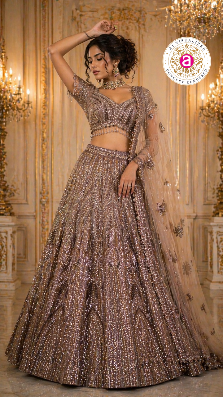 Mocha Brown Designer Lehenga Set with Sequins Embellished Blouse and Net Dupatta