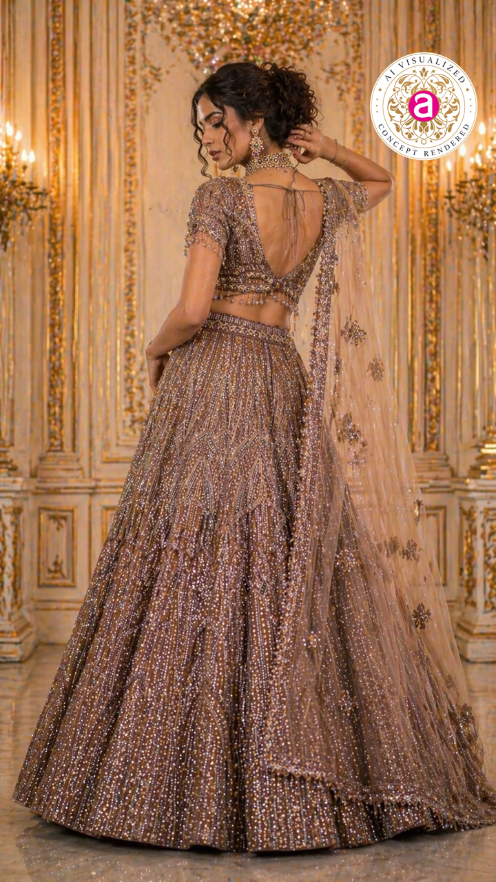 Mocha Brown Designer Lehenga Set with Sequins Embellished Blouse and Net Dupatta