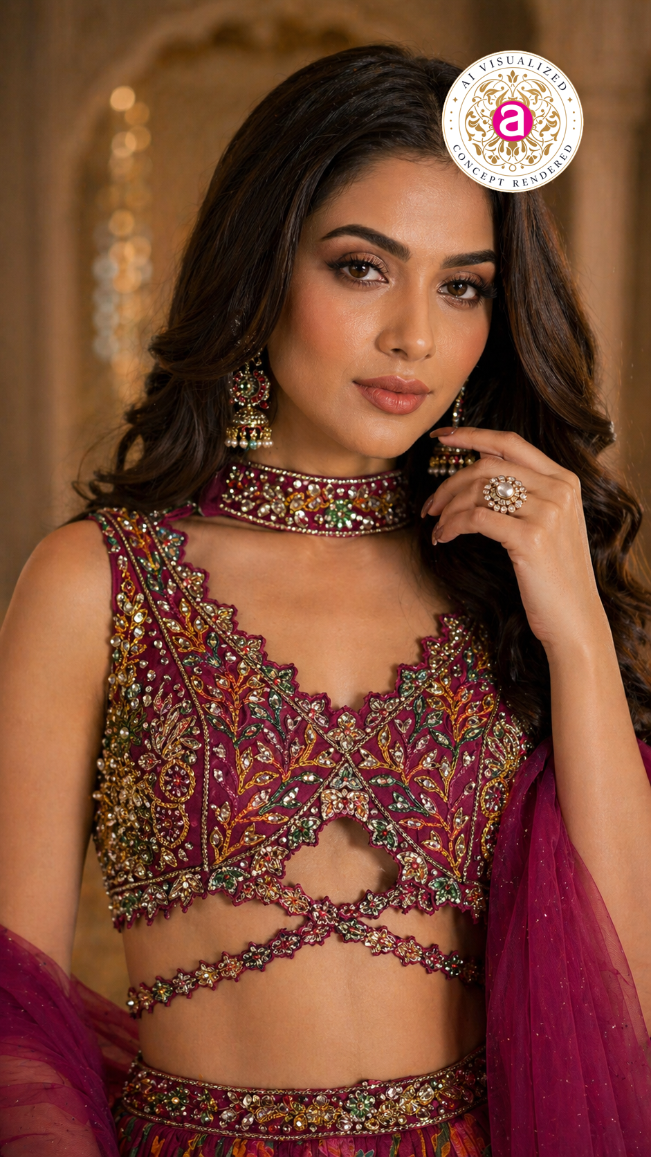 Wine Floral Printed Designer Lehenga Set with Embellished Blouse & Net Dupatta
