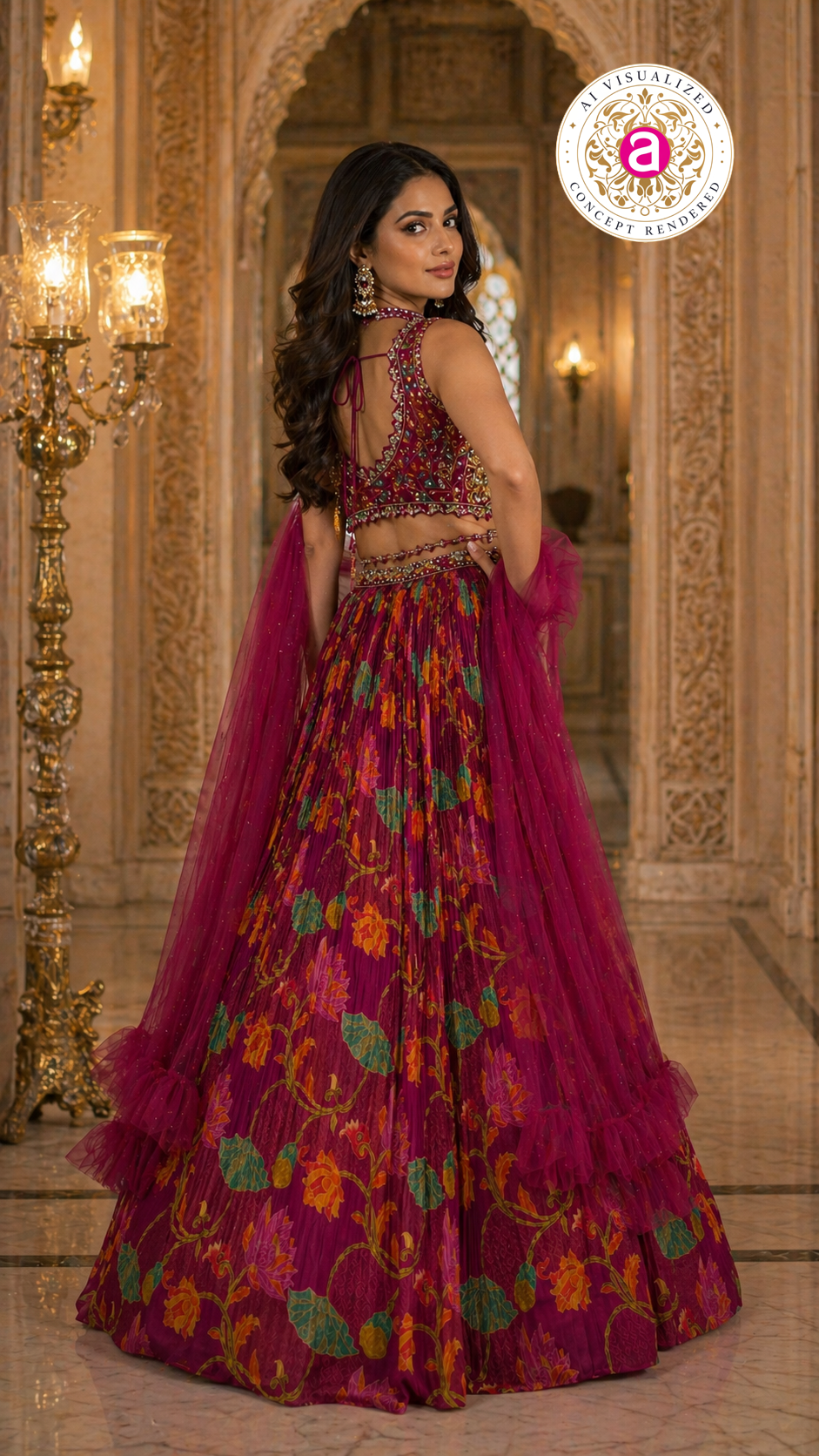 Wine Floral Printed Designer Lehenga Set with Embellished Blouse & Net Dupatta