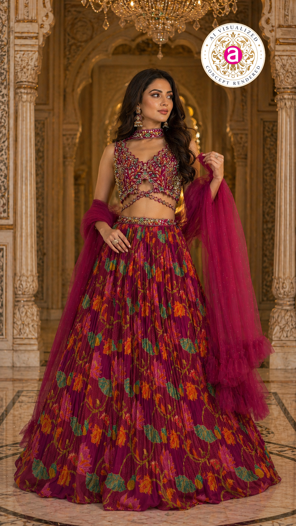 Wine Floral Printed Designer Lehenga Set with Embellished Blouse & Net Dupatta
