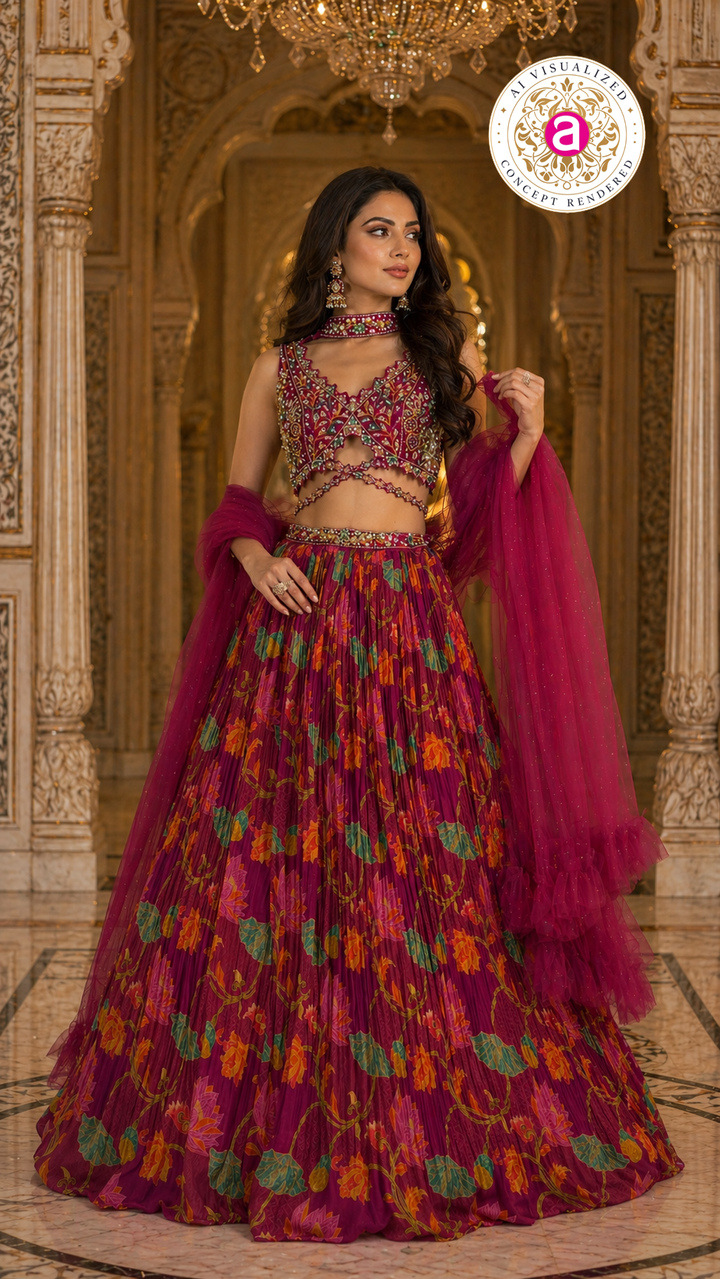 Wine Floral Printed Designer Lehenga Set with Embellished Blouse & Net Dupatta
