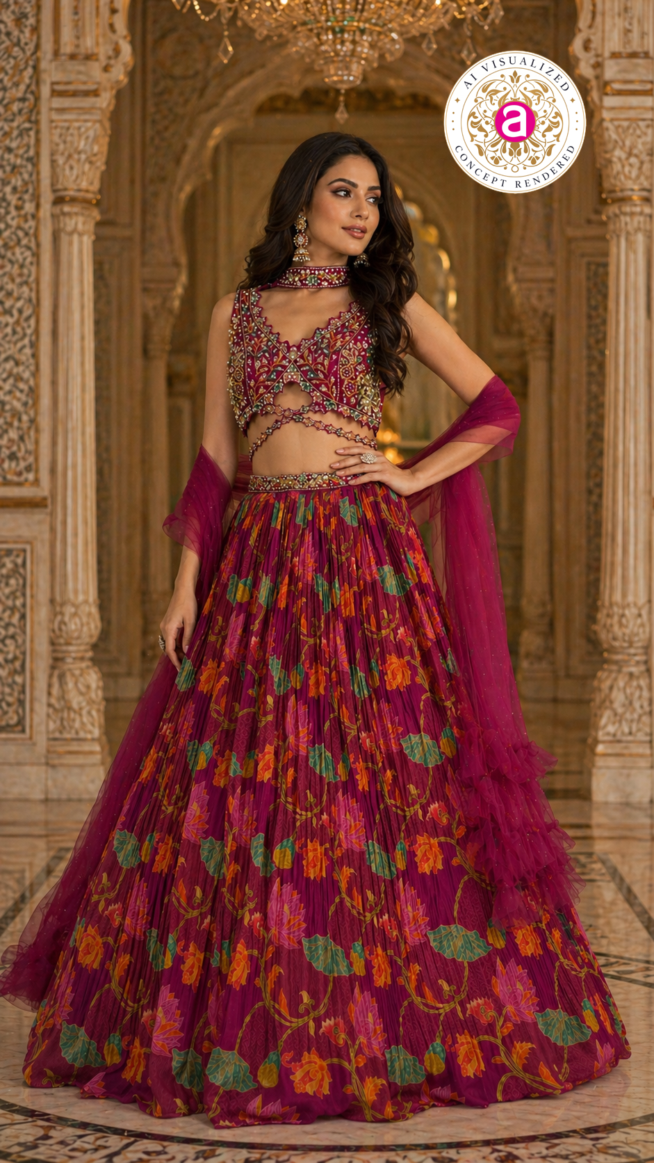 Wine Floral Printed Designer Lehenga Set with Embellished Blouse & Net Dupatta