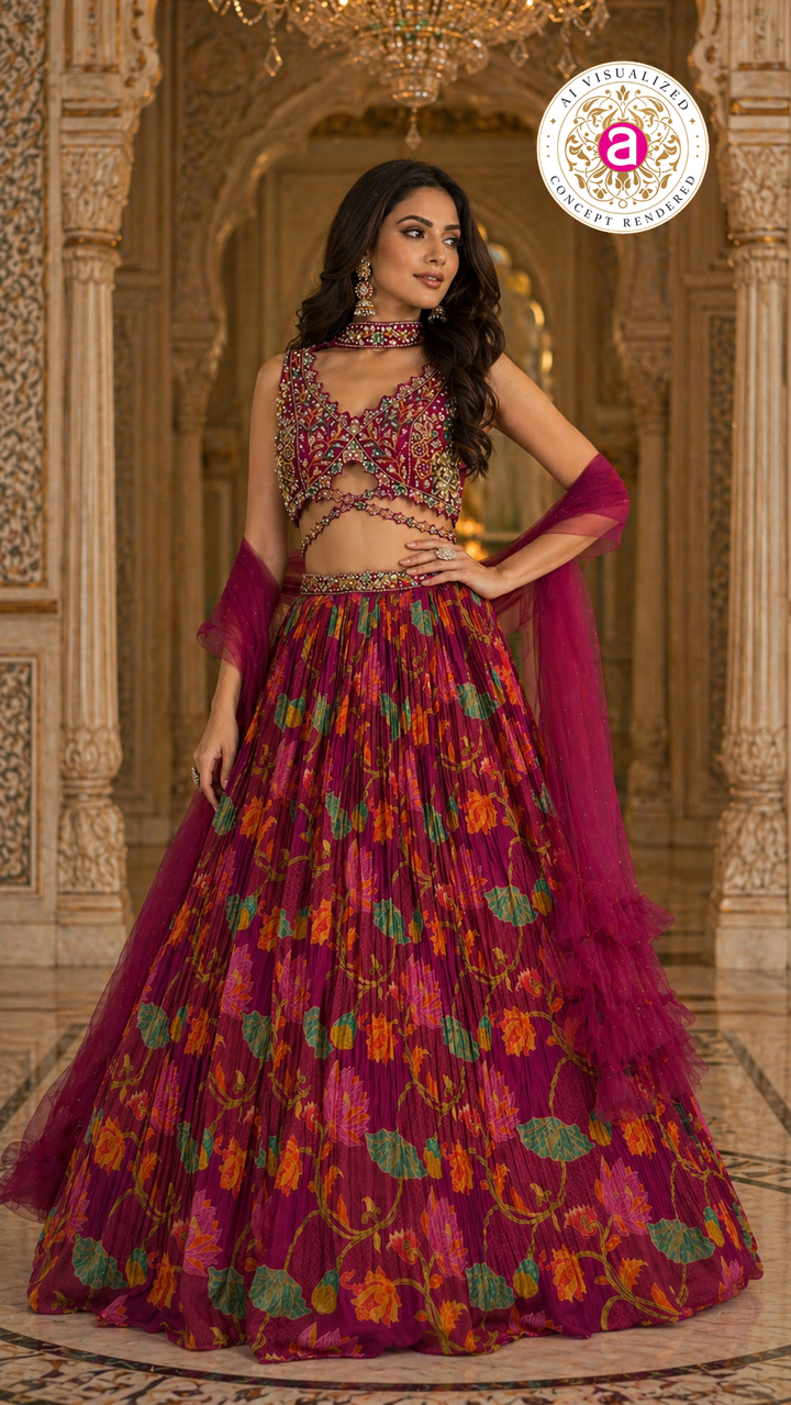 Wine Floral Printed Designer Lehenga Set with Embellished Blouse & Net Dupatta