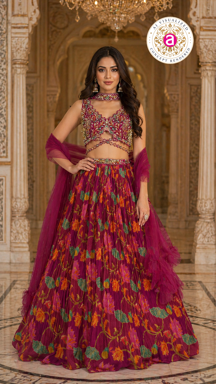 Wine Floral Printed Designer Lehenga Set with Embellished Blouse & Net Dupatta