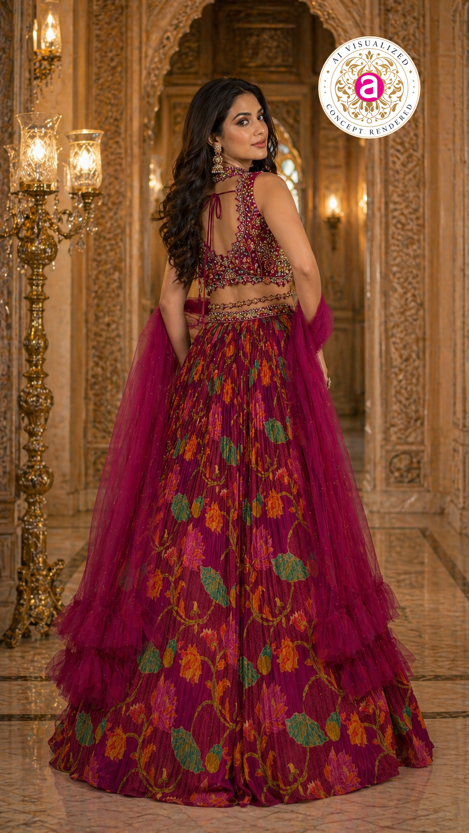 Wine Floral Printed Designer Lehenga Set with Embellished Blouse & Net Dupatta
