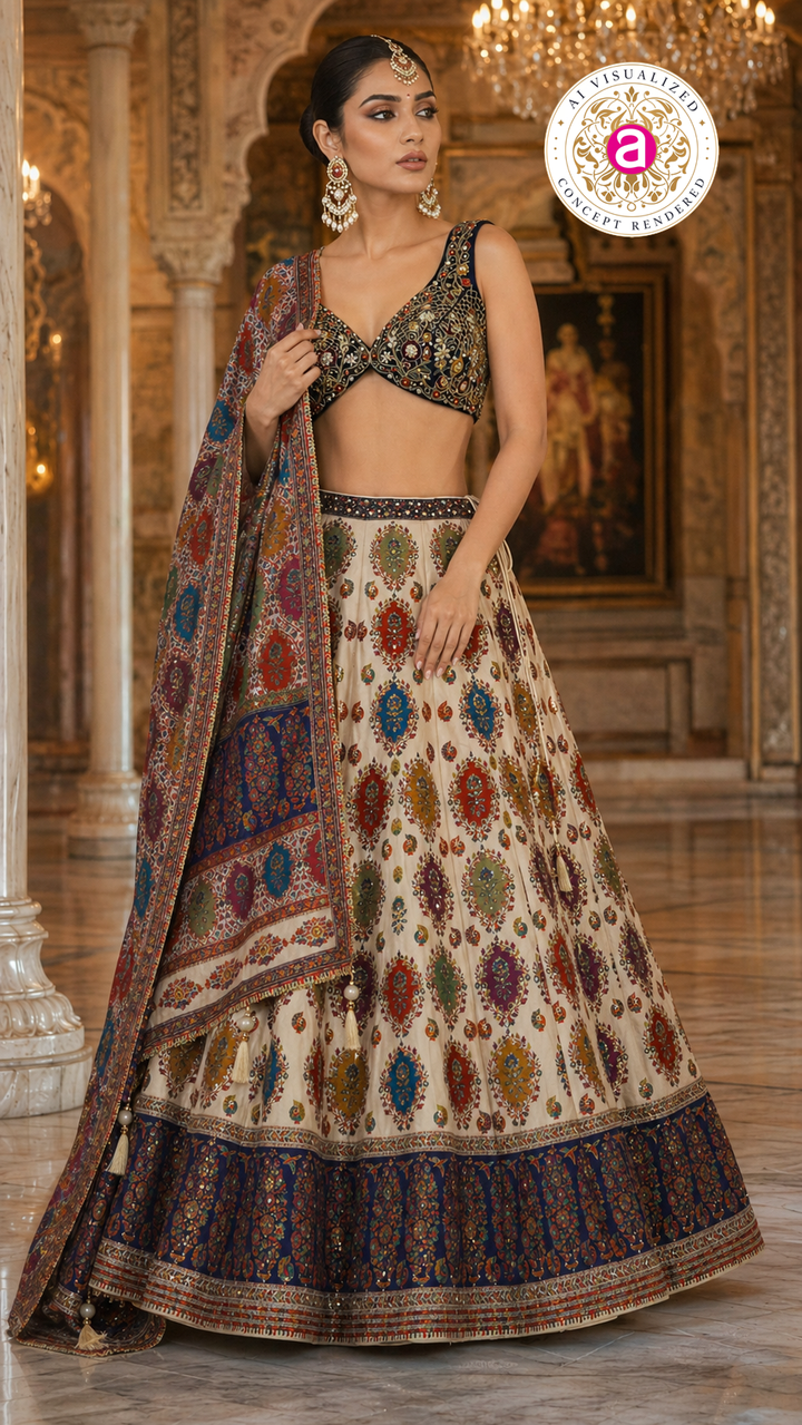 Ivory Multicolor Printed Designer Lehenga Set with Embroidered Blouse & Dupatta