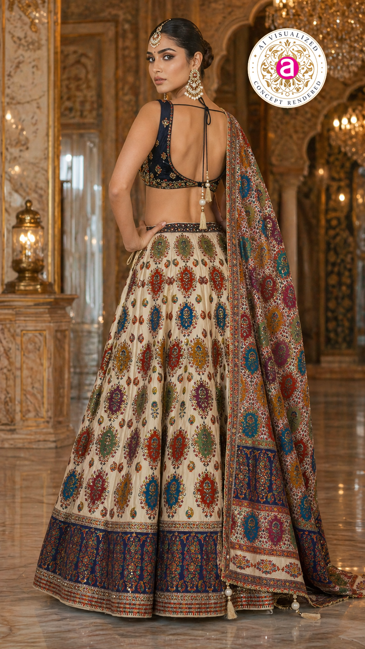Ivory Multicolor Printed Designer Lehenga Set with Embroidered Blouse & Dupatta