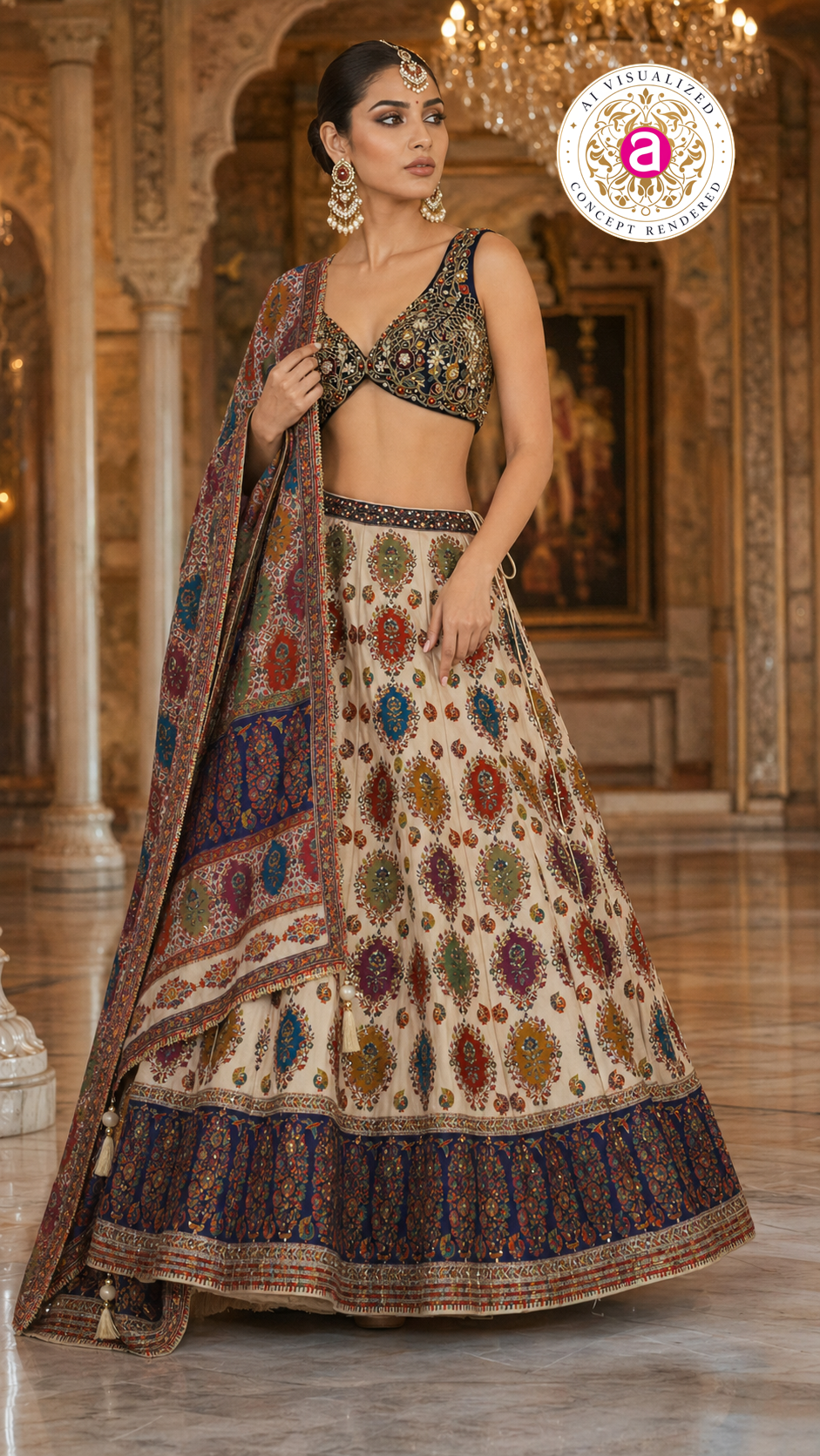 Ivory Multicolor Printed Designer Lehenga Set with Embroidered Blouse & Dupatta