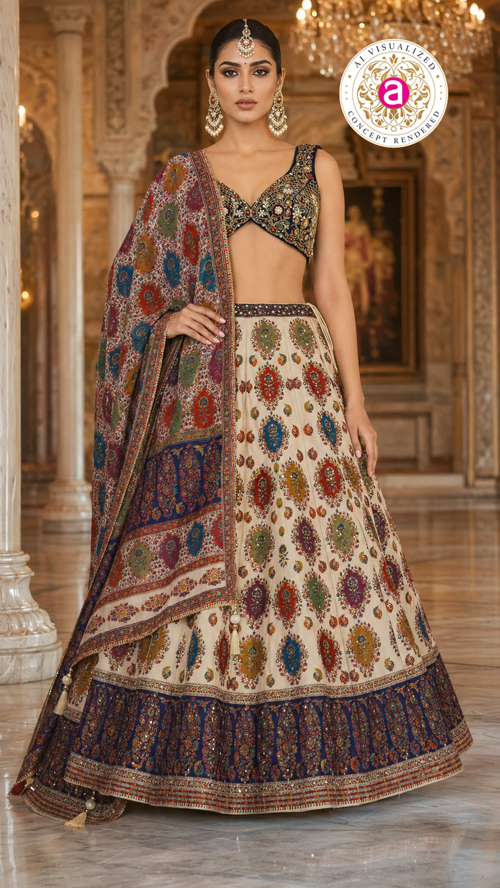 Ivory Multicolor Printed Designer Lehenga Set with Embroidered Blouse & Dupatta