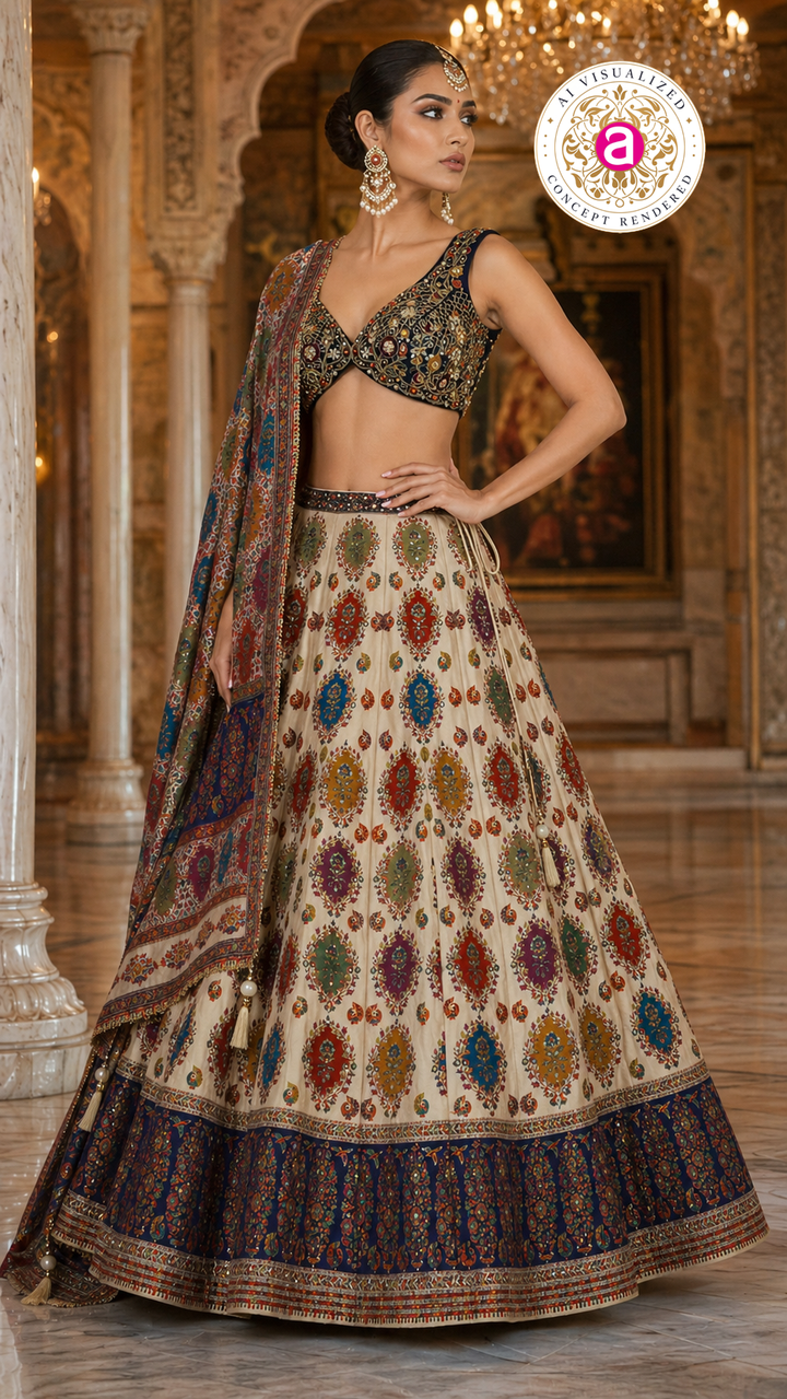 Ivory Multicolor Printed Designer Lehenga Set with Embroidered Blouse & Dupatta