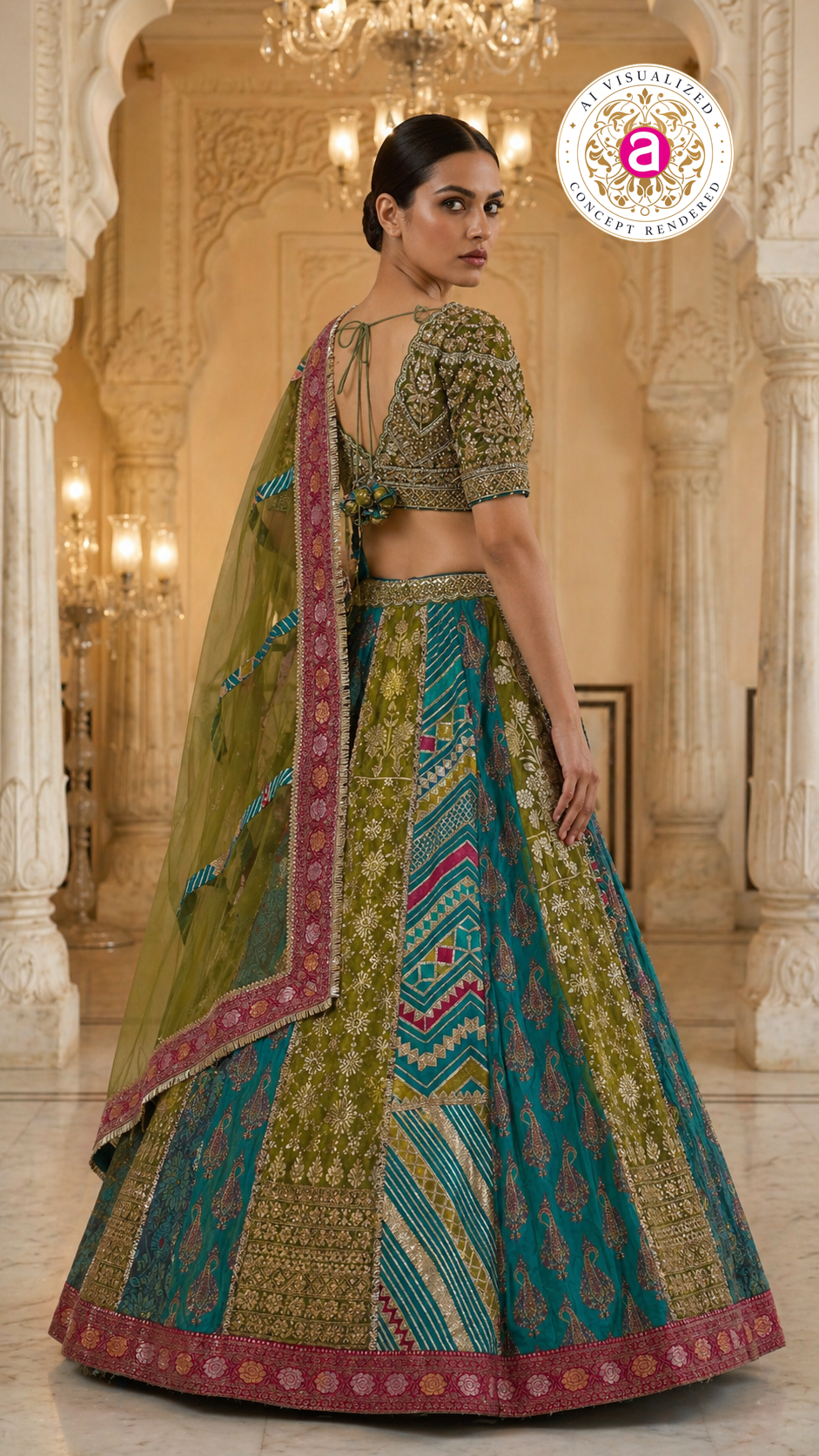 Turquoise Multicolor Designer Lehenga Set with Embroidered Blouse & Contrast Dupatta