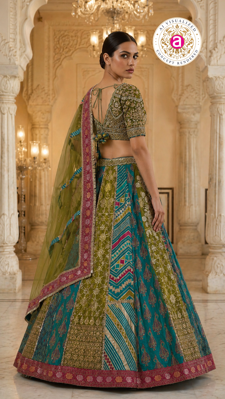 Turquoise Multicolor Designer Lehenga Set with Embroidered Blouse & Contrast Dupatta