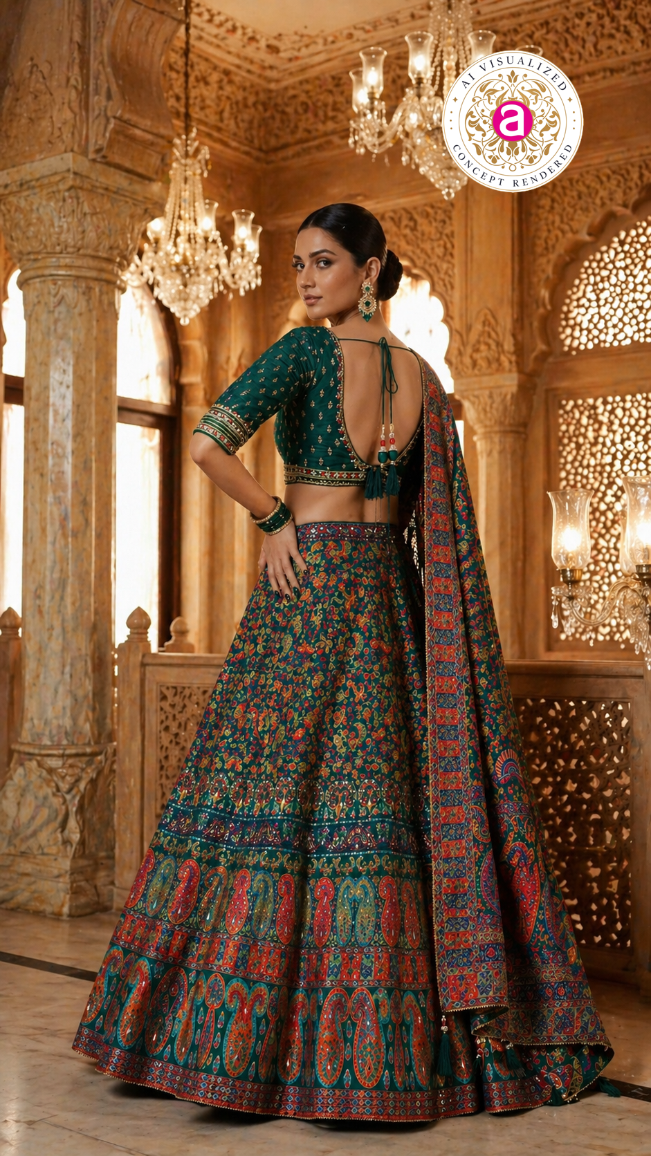 Emerald Green Paisley Printed Designer Lehenga Set with Embellished Blouse & Dupatta