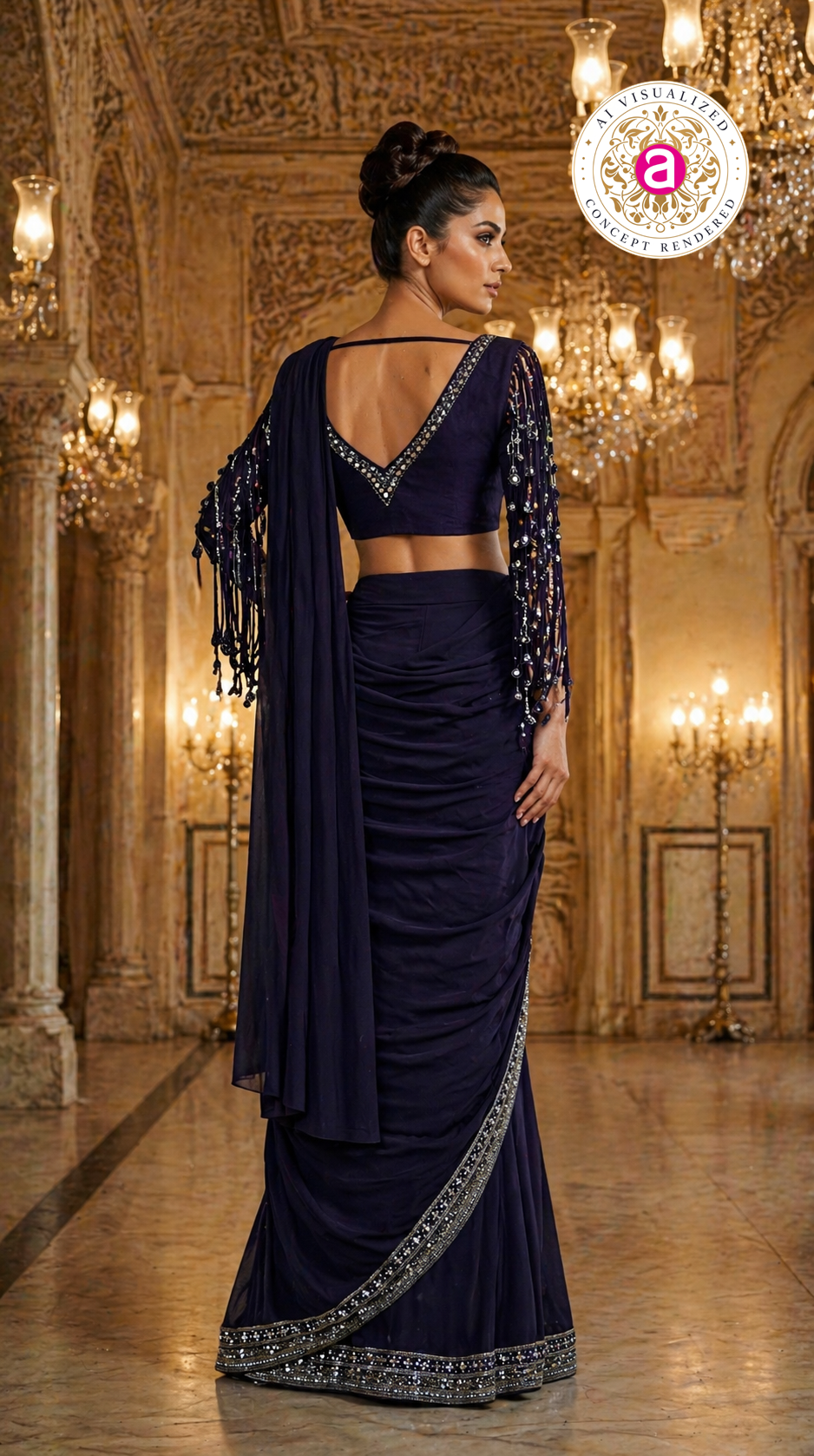 Midnight Purple Designer Saree with Embellished Fringe Blouse & Sequins Border