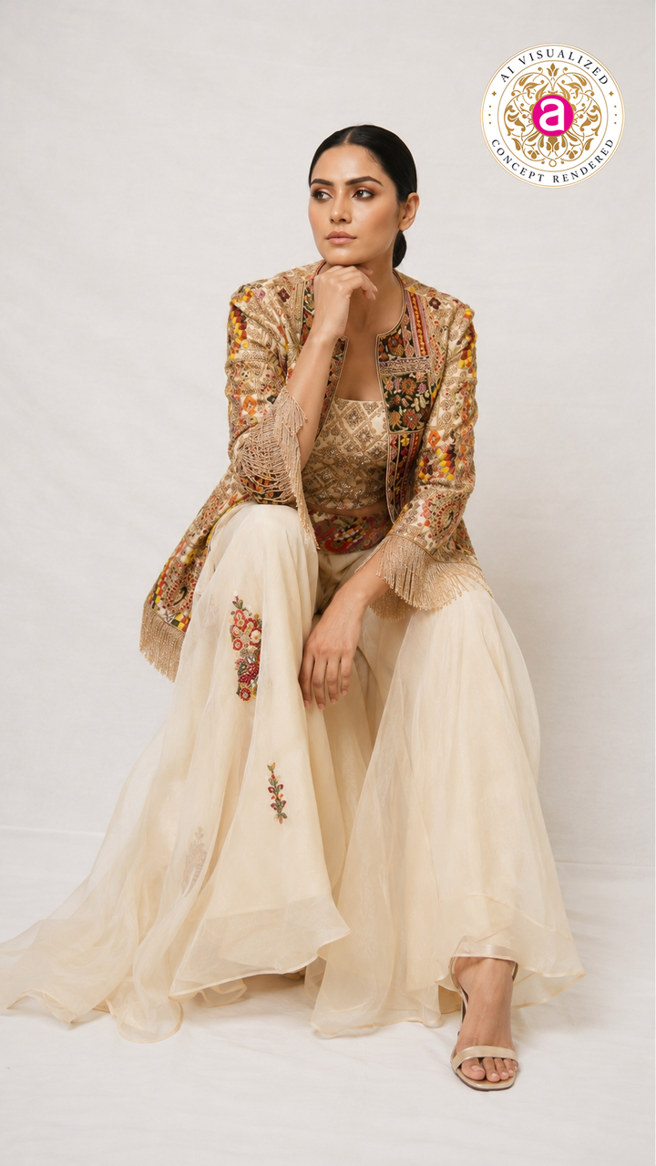 Ivory Heritage Embroidered Jacket Palazzo Set