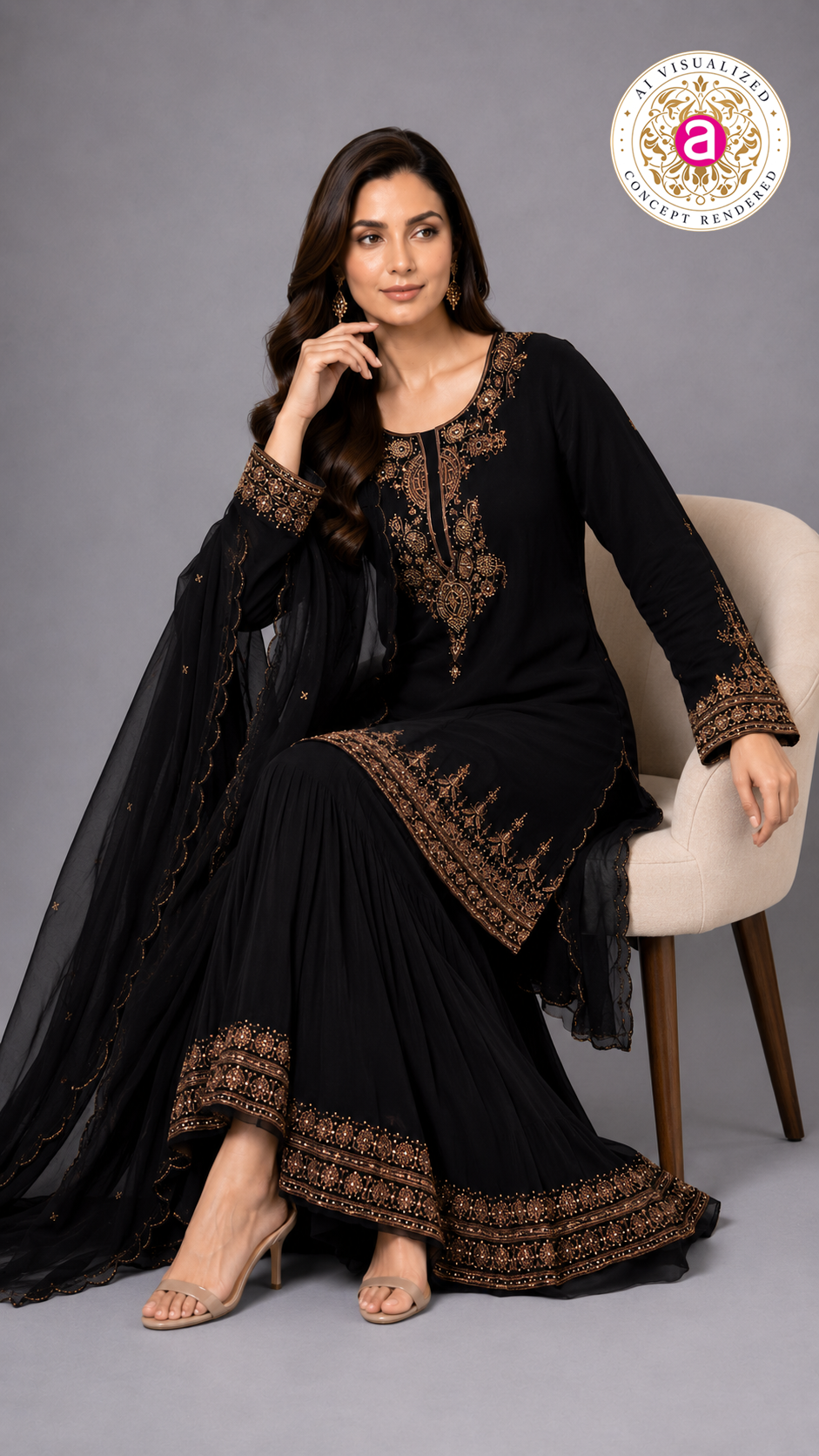 Midnight Black Embroidered Kurta Sharara Set with Dupatta
