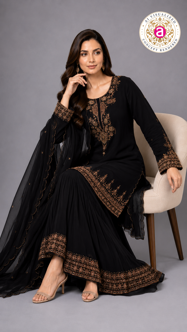 Midnight Black Embroidered Kurta Sharara Set with Dupatta