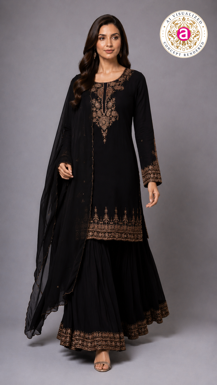 Midnight Black Embroidered Kurta Sharara Set with Dupatta