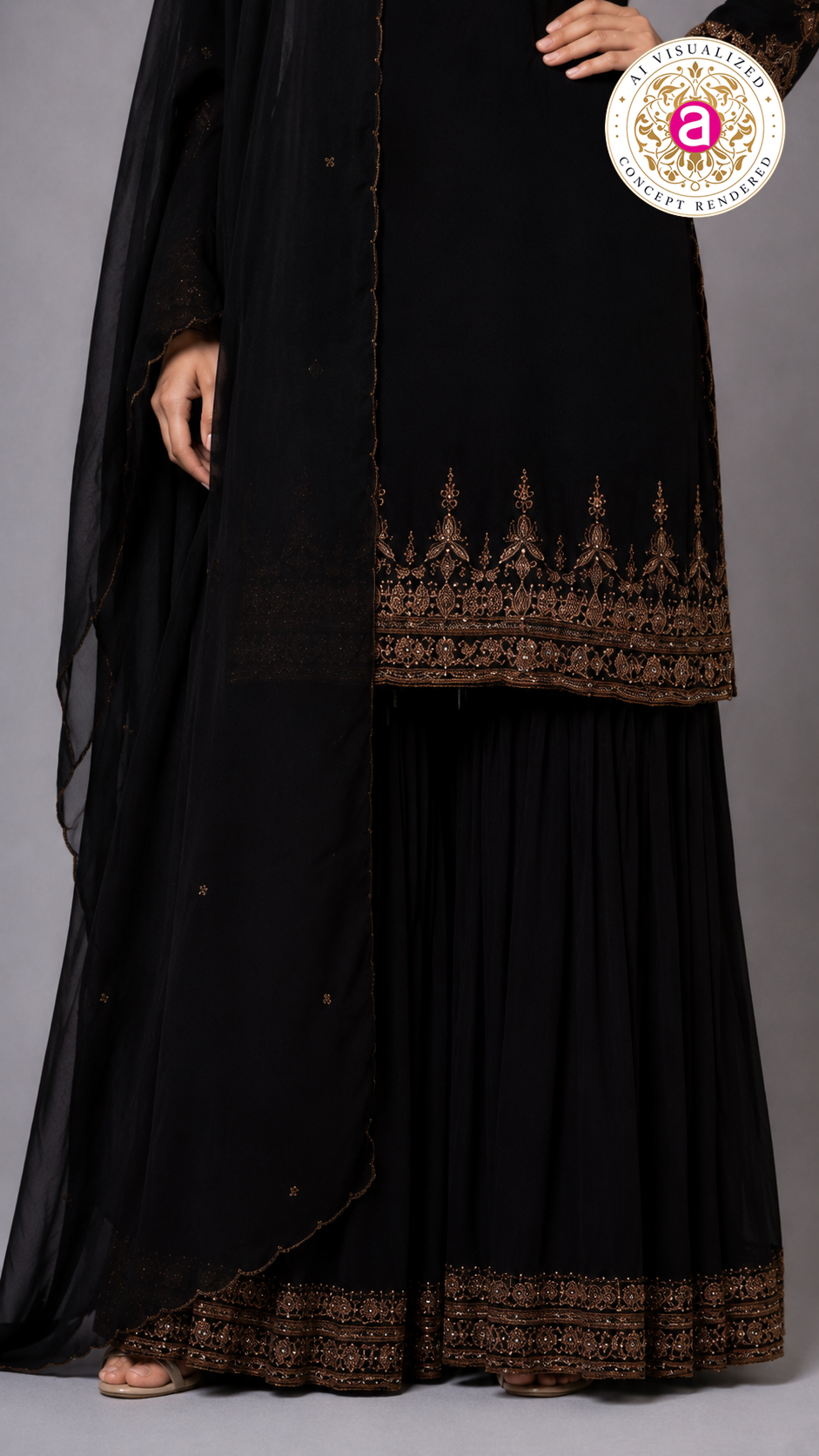 Midnight Black Embroidered Kurta Sharara Set with Dupatta
