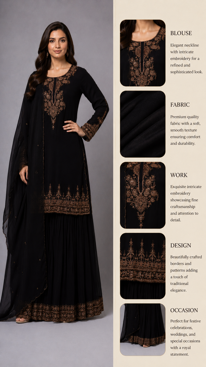 Midnight Black Embroidered Kurta Sharara Set with Dupatta