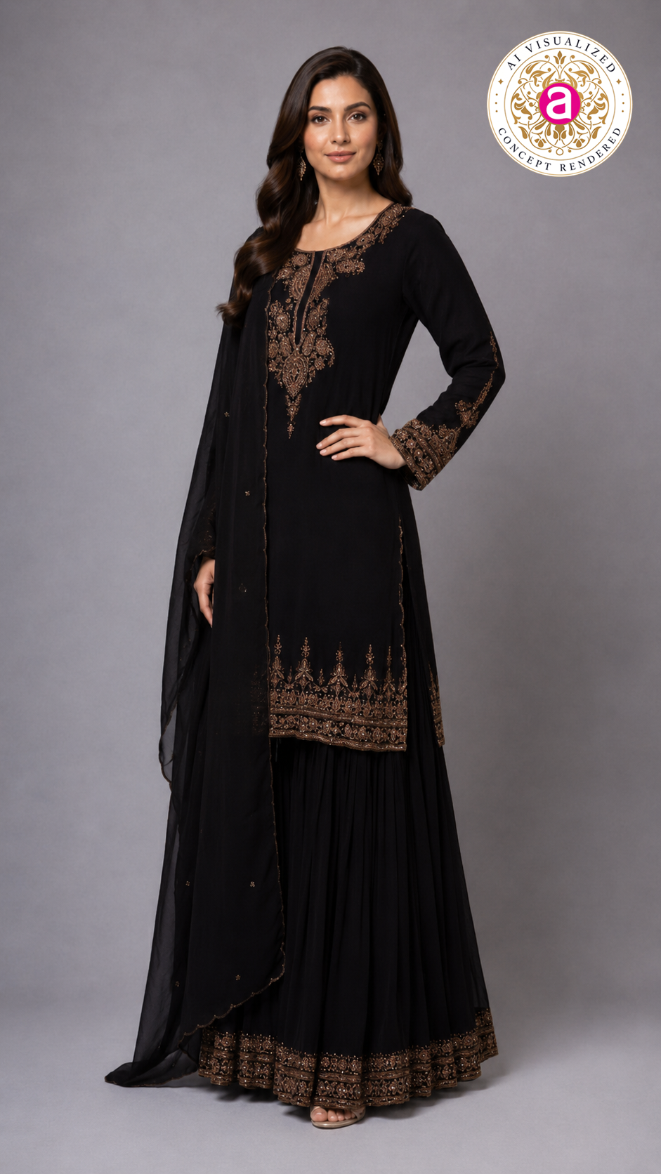Midnight Black Embroidered Kurta Sharara Set with Dupatta