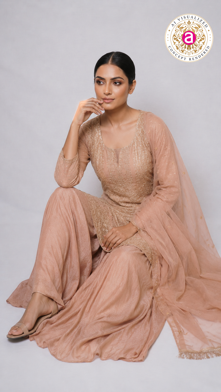 Blush Pink Embroidered Kurta Sharara Set with Dupatta
